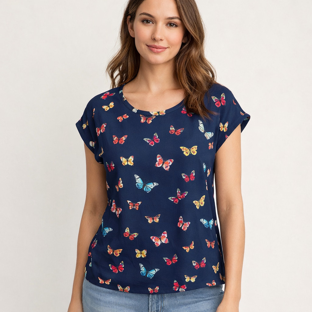 Abercrombie & Fitch Women M Navy Butterfly Print Casual Short Sleeve Blouse Top
